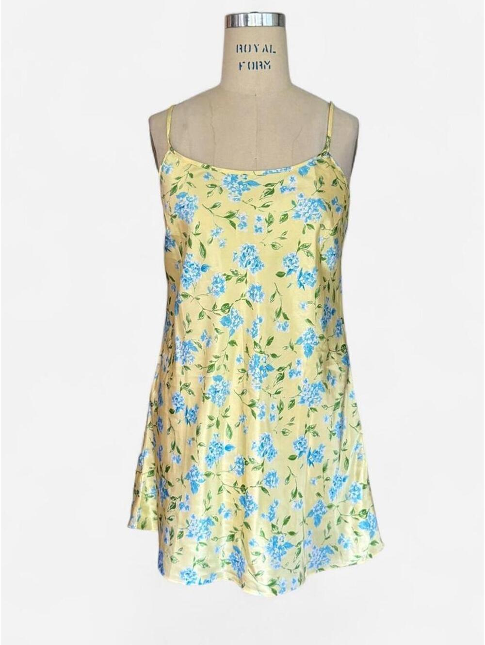 Vintage Yellow Blue Hydrangea Floral Bias Slip Mini Dress